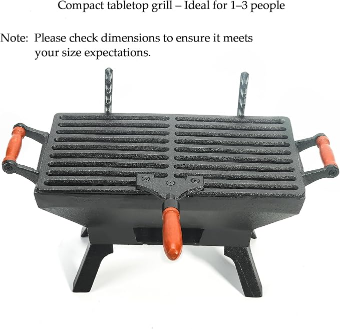 Sungmor Compact Cast Iron Charcoal Grill - Tabletop BBQ Grill with Adjustable Grate & Wooden Handles, 12” x 7” Ideal for 1-3 People - Portable Heavy-Duty Grill for Camping, Balcony & Small Spaces