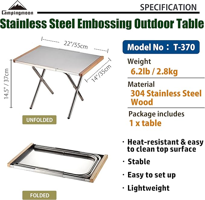 CAMPINGMOON Camping Side Table Heat-Resisting Stainless Steel Embossing Process for Outdoor Table Top Grill T-370