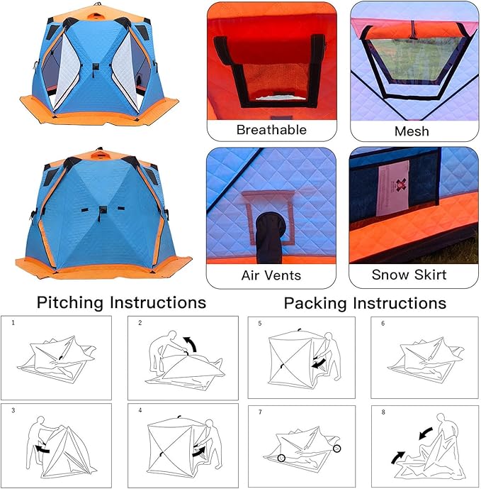 Upgraded 6–12 Person Insulated Ice Fishing Tent with Stove Jack, Dual-Layer 210D Oxford Thermal Shelter, 2 Doors 4 Windows, Pop-Up Ice Shanty for Winter Camping, Outdoor Use Silver-8-12Person