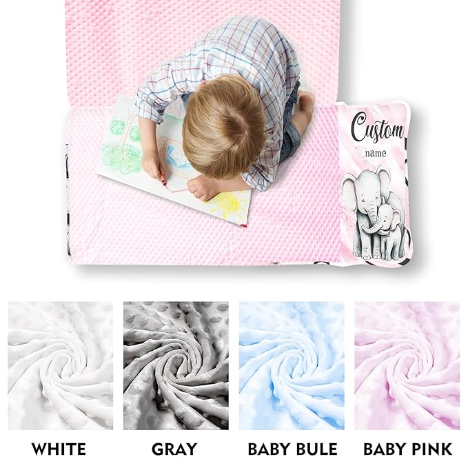 Custom Toddler Nap Mat for Preschool, Personalized Name Kids Sleeping Bag with Watercolor Elephant for Daycare, Roll Up Sleeping Mat with Removable Pillow and Soft Dot Minky Blanke for Girls Camping