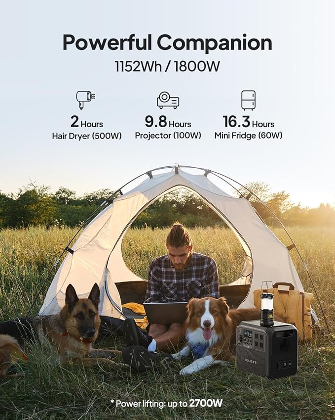 BLUETTI AC180 Solar Generator with 200W Solar Panel (Ships Separately), 1152Wh Portable Power Station w/ 4 1800W (2700W Surge) AC Outlets, LFP Power for Outdoor Camping, Trip, Power Outage