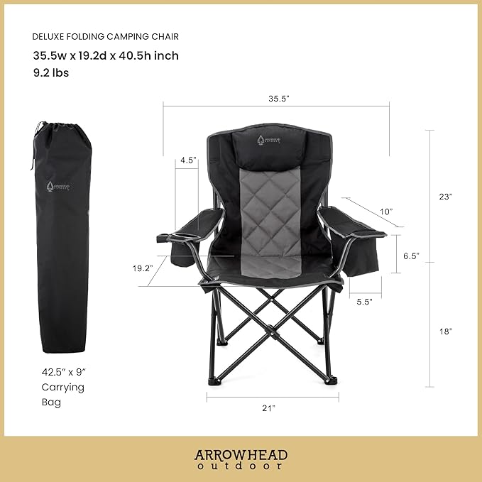 ARROWHEAD OUTDOOR 2-Pack Portable Deluxe Folding Camp Quad Chair w/Headrest, Glass & Cup Holders, Armest 6-can Cooler, Heavy Duty Carry Bag, 550 lbs Weight Capacity