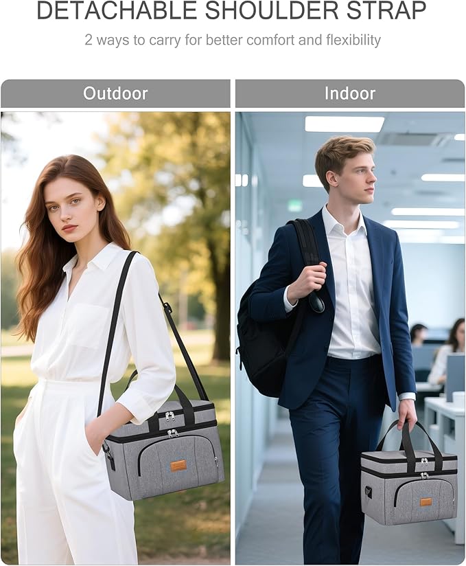 Rnivvi Lunch Box for Men, Double Decker Insulated Cooler Bag Lunch Bag Reusable Leakproof Tote Lunch Container with Strap for Work Family Picnic Hiking Camping, 18 Cans 12L, Large Adults, Gray