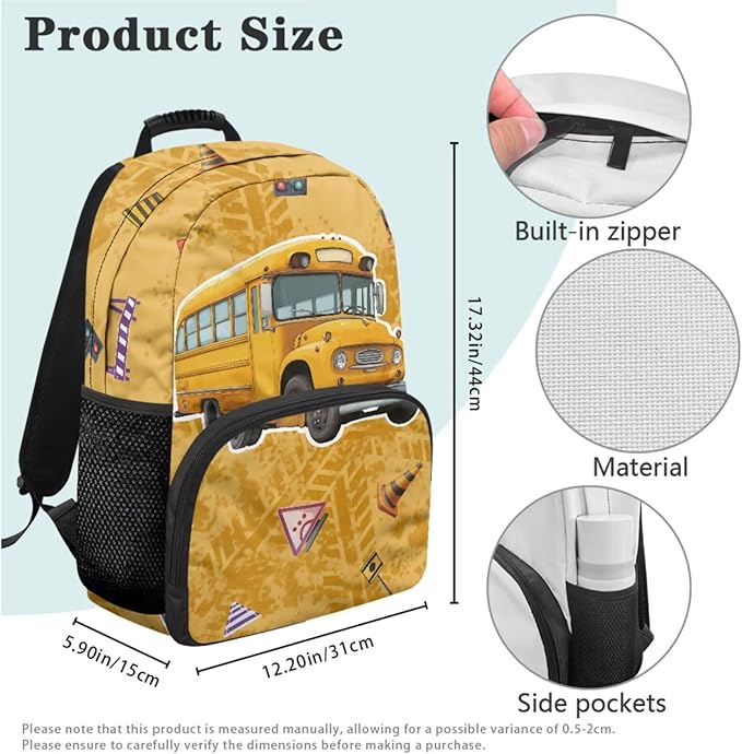 School Bus Backpack and Lunch Box Set Boys Lightweight Kids Backpack Elementary School 4 in 1 Set for Primary Kids Casual Daypack Tote Bags