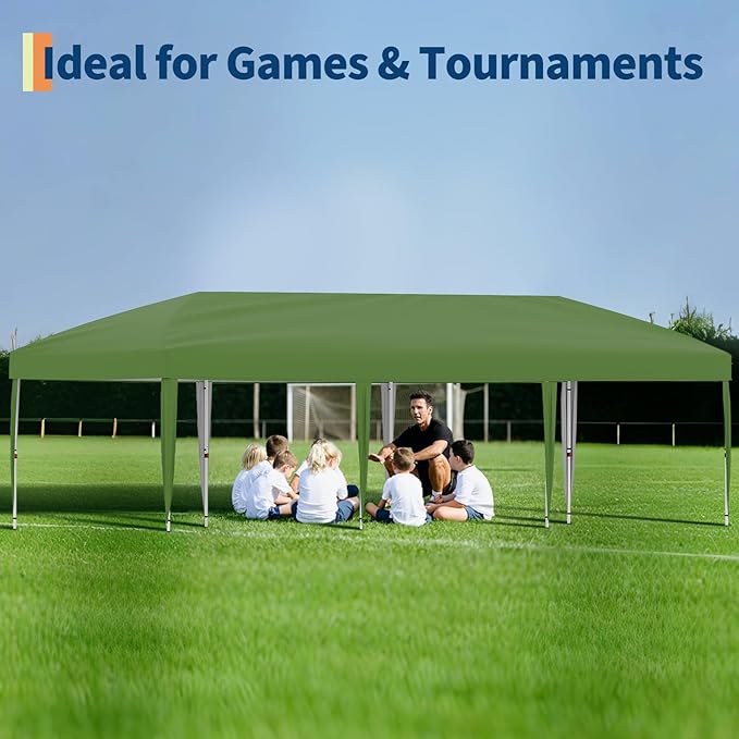 10x30 Pop Up Canopy - Heavy Duty Outdoor Canopy Tent with Portable Roller Bag - 3 Adjustable Height, 4 Weight Bags, 8 Stakes & 6 Guy Ropes Included, Green