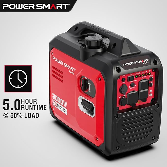 PowerSmart 3000W Portable Inverter Generator, Gas Powered with CO Alarm, Parallel Ready, 121.6cc 4-Stroke OHV Engine, Super Quiet for RV Camping and Home Emergency Backup