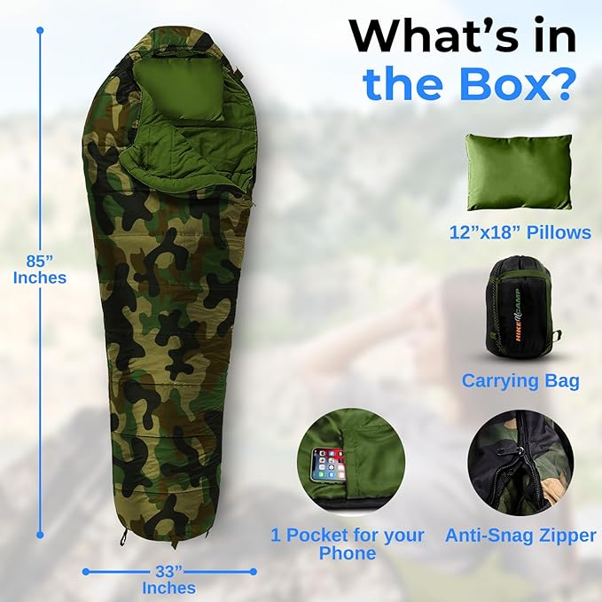 SereneLife 0 Degree Mummy Sleeping Bag – Military-Style, Lightweight & Waterproof for Extreme Cold, Stays Warm in 5–10°F, No-Snag Zipper, Compact Carry Bag & Travel Pillow for Camping & Backpacking