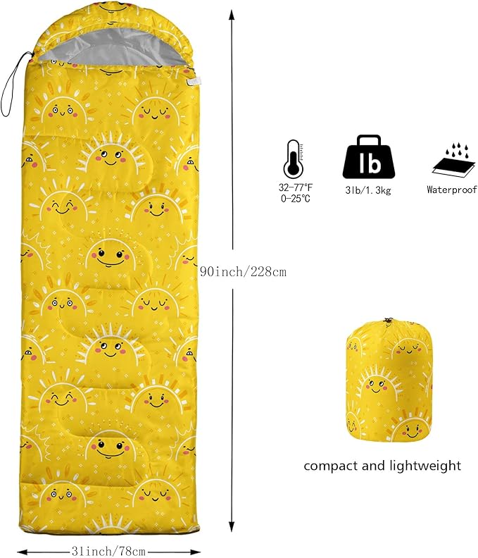 Kids Sleeping Bag for Boys Girls,Cartoon Sun Print-Lightweight Warm Portable Outdoor Indoor-Waterproof Cold Weather Resistant Sleeping Bag for Camping Hiking(Cartoon Sun)