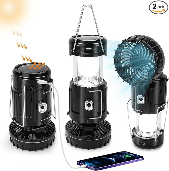 2 Pack,2026 Upgrade Solar Portable Lantern Rechargeable Fan - Collapsible Lightweight LED Camping Lantern for Power Outages Flashlight Survival Kits for Outdoor