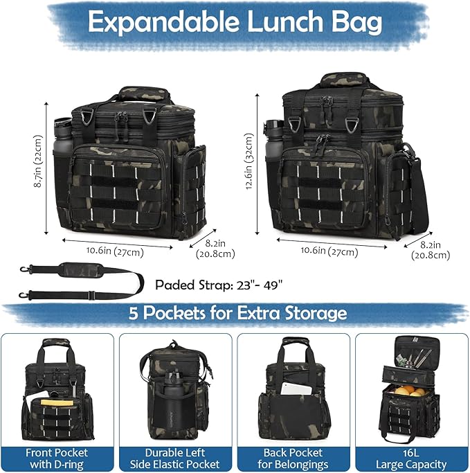 Tactical Lunch Box for Men, Large Expandable Insulated Cooler Bag Lunch Bag for Men, Double Deck Soft Mens Lunchbox for Work, Picnics, Outdoor Shifts, Camping & Travel, 16L, Dark CM