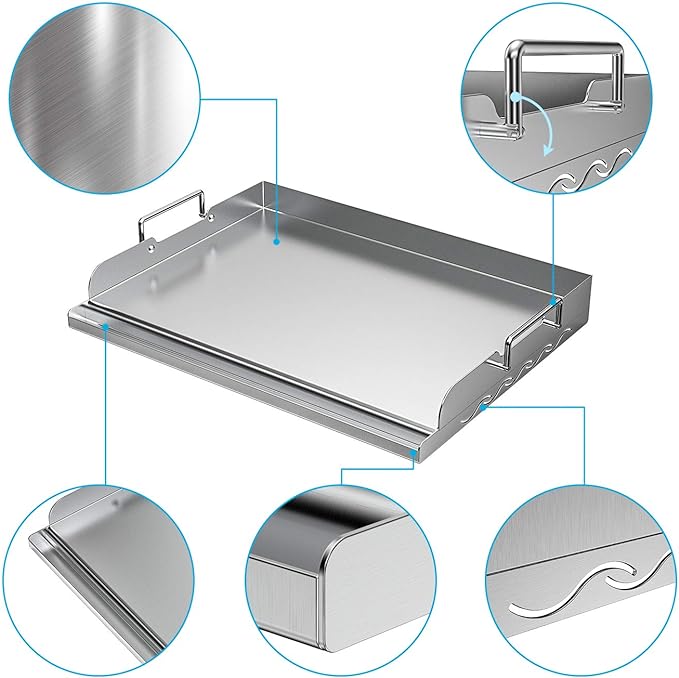 Skyflame Universal Stainless Steel Griddle Flat Top Plate with Even Heating Bracing for BBQ Charcoal/Gas Grills, Camping, Tailgating, and Parties 17" x 13"
