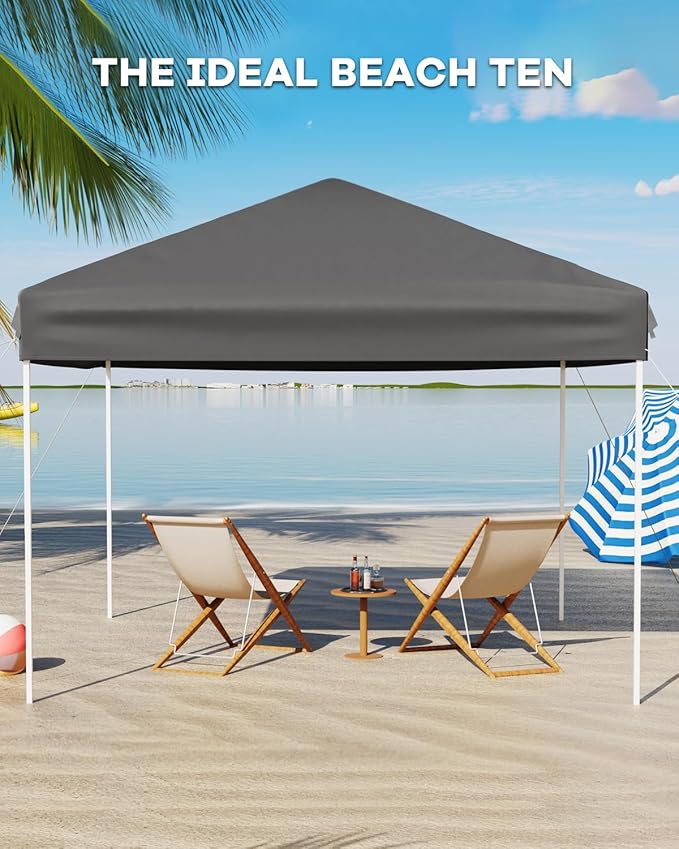 10x10 Pop Up Canopy Tent, Easy Up Canopy with 3 Adjustable Height, Outdoor Sun Shade with 4 Sandbags & Carrying Bag for Camping, Parties,Outdoor Events-Grey