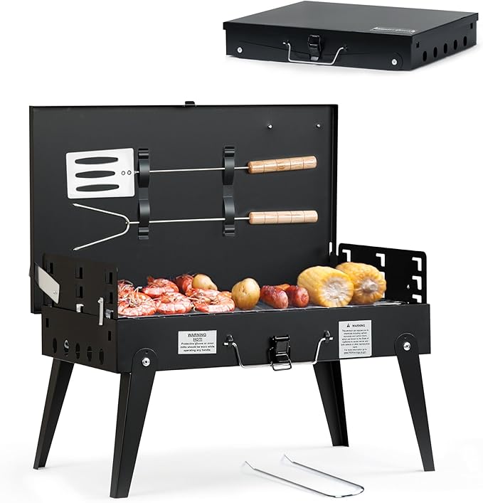 MASTER COOK Portable Charcoal Grill, Foldable BBQ Grill Kit Easy to Carry, 160 SQIN Cooking Area Mini Tabletop Grill for Outdoor Camping, Patio and Picnic, 17.1”*10.8”*2.5”