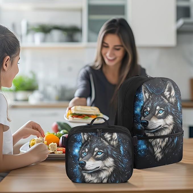 Wolf Bookbag for Men Galaxy Backpack with Lunch Box Large Capacity School Bag for College 17 Inches Book Bag with Adjustable Shoulder Strap for Travel