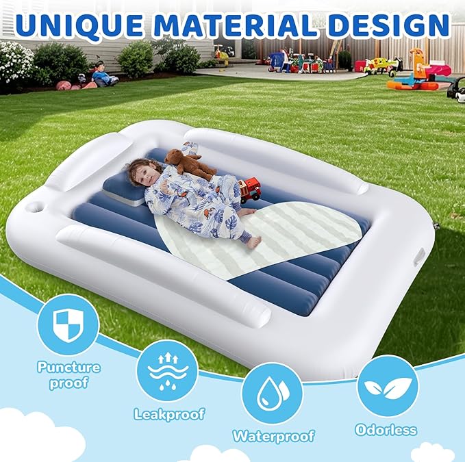 Inflatable Toddler Travel Bed - 60 Inches Portable Toddler Bed for Travel with Safety Sides - Cozy Kids Air Mattress Set with Built-in Electric Pump & Carry Case- Easy to Inflate - Sea Blue