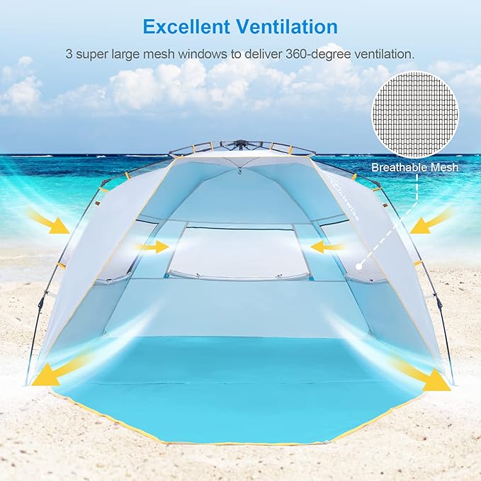WolfWise 4-5 Person Beach Tent with UPF 50+ Sun Protection, Portable Ventilated Beach Shade Canopy with Extended Porch, Easy Setup & Windproof Design, Large, Blue