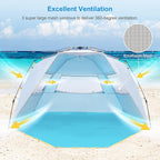 WolfWise 4-5 Person Beach Tent with UPF 50+ Sun Protection, Portable Ventilated Beach Shade Canopy with Extended Porch, Easy Setup & Windproof Design, Large, Blue