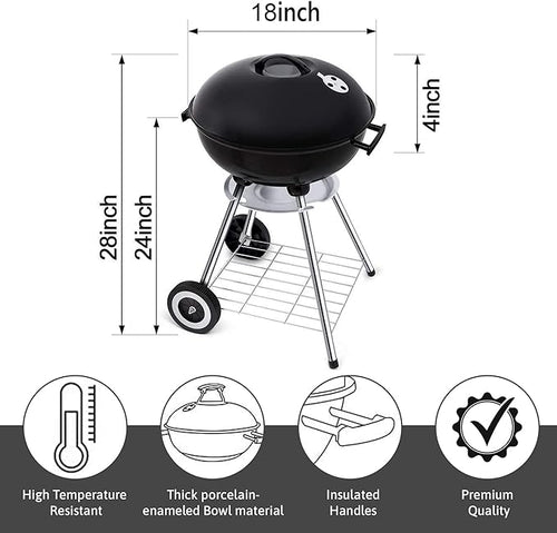 18 Inch Portable Charcoal Grill with Accessories for Outdoor Cooking Barbecue Camping BBQ Coal Kettle - Mini Grilling Utensil Includes Tongs, Spatula,Fork,Basting Brush, Scraper