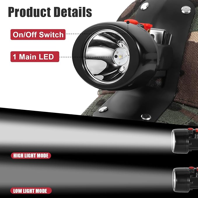 High Lumens LED Mining Headlamp with Hat - Waterproof, Durable, Long-Lasting Rechargeable Headlight, Adjustable Strap, Perfect for Miners Camping Hiking (KL3.0 Black-Red Button with Hat)