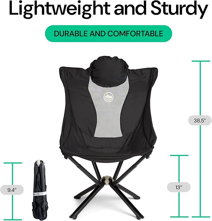 CLIQ EpiQ 1.0 Outdoor Lounge Chair - Folding Camping Chairs Set Up in Seconds - Lightweight Recliner Chair - Military Grade Frame Supports 400 Lbs Outdoor Adventures, Black