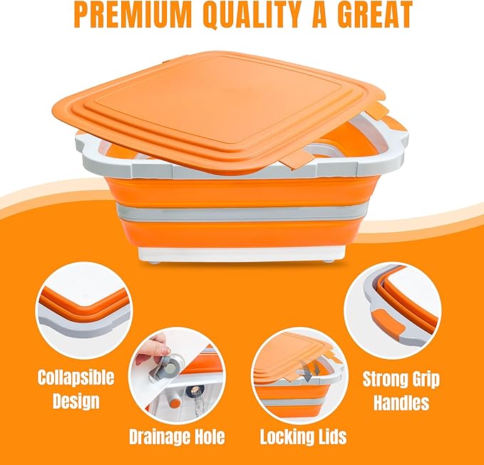 Collapsible BBQ Prep Tub with Cutting Board & Lid, Folding Food Container BPA-Free Heavy-Duty, Dishwasher Safe, Upgraded Drain Hole - for Camping, Grilling Outdoor Cooking (Orange, X-Large)