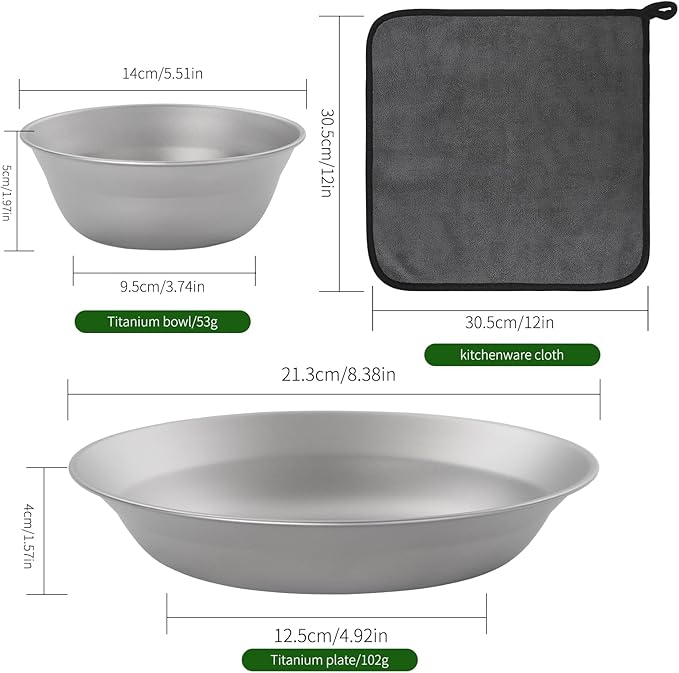 Titanium Tableware Set, 8-Piece Camping Dinnerware Kit, Titanium Bowl, Plate, Cup, Fork, Spoon, and Napkin, Includes Storage Bag, for Backpacking, Camping, Hiking, and Picnics