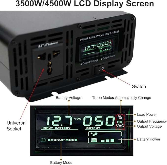3500W 4500W 7000W Car Inverter DC 12V to AC 240V Pure Sine Wave Power Inverter with LCD Display, for Motorhomes Truck Boat Camping~/