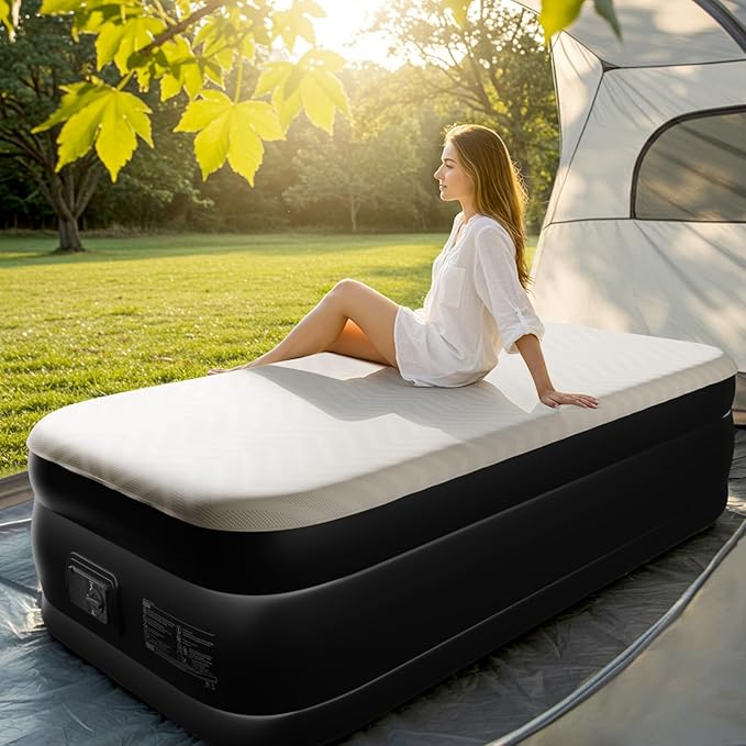 Outvita Twin Air Mattress with Built-in Pump, Foam Topper Inflatable Air Bed Quick Assembly Comfort Luxury Blow Up Sleeping Mat for Guests and Home, Camping, Travel, 650lbs Weight Capacity