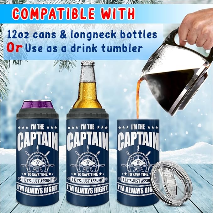 winorax Captain Tumbler Can Cooler 4-in-1 I'm The Captain & I'm Always Right Boating Stainless Steel Cup with Lid 12oz Boater Gifts For Men Boat Lover Gift For Boats Owner Boaters Gift Ideas