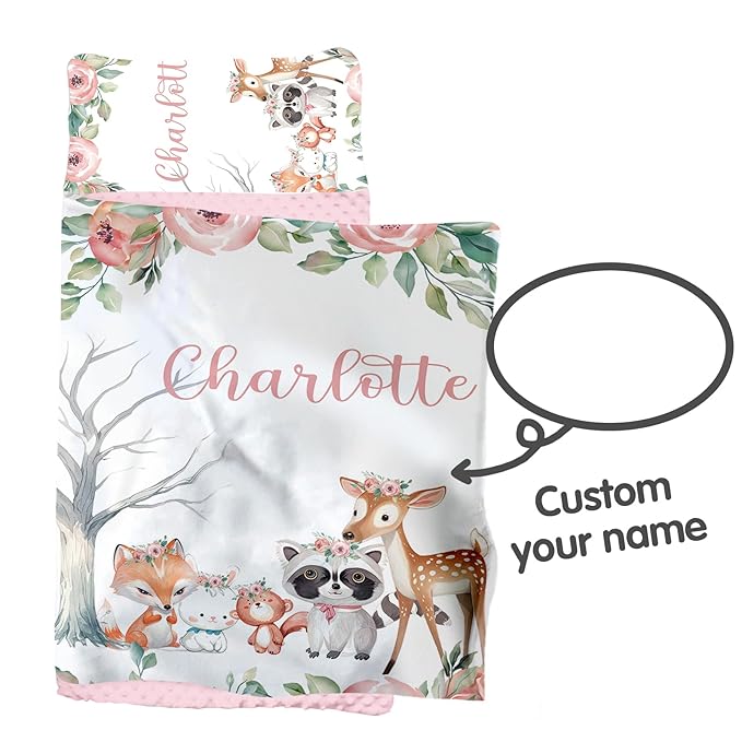Custom Toddler Nap Mat for Preschool, Personalized Name Kids Sleeping Bag with Animals Parrern for Daycare, Roll Up Sleeping Mat with Removable Pillow and Soft Dot Minky Blanke for Girls Camping