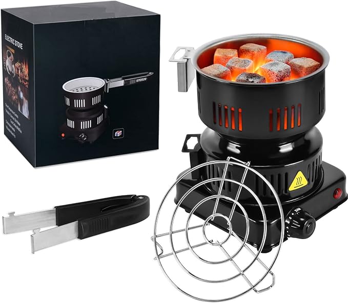 Electric Charcoal Burner Starter Stove - ETL Approved 600W Coal Burner Coconut Coals Heater Warmer with Stainless Detachable Handle Tongs | Burner for Charcoal Fast Heating Long Cable BBQ Kitchen