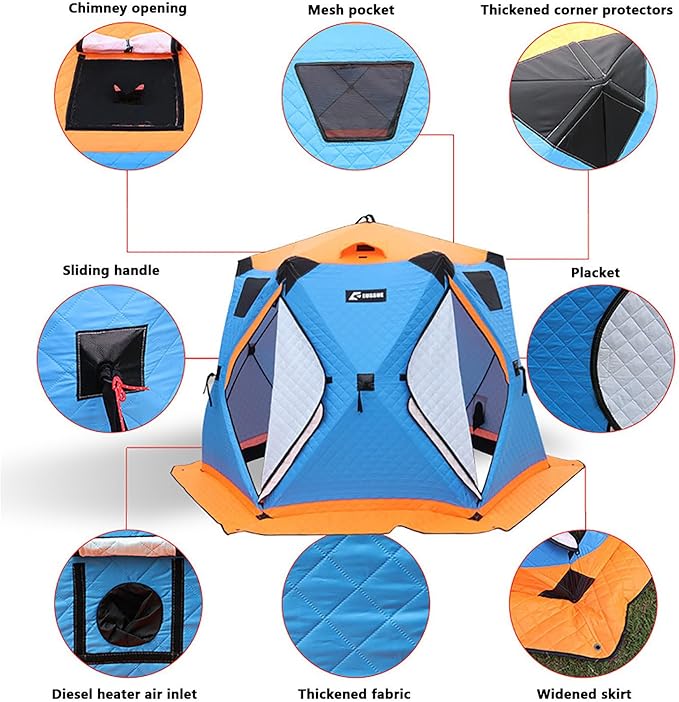 Upgraded 6–12 Person Insulated Ice Fishing Tent with Stove Jack, Dual-Layer 210D Oxford Thermal Shelter, 2 Doors 4 Windows, Pop-Up Ice Shanty for Winter Camping, Outdoor Use Silver-8-12Person
