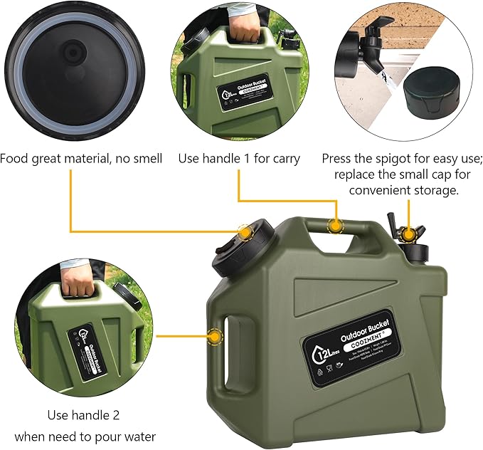 3.2 Gallon/5 Gallon Water Containers with Spigot, BPA Free Water Jug, Military Green Water Tank, Multifunction Water Storage Containers for Camping Outdoor Hiking,Emergency Stroage