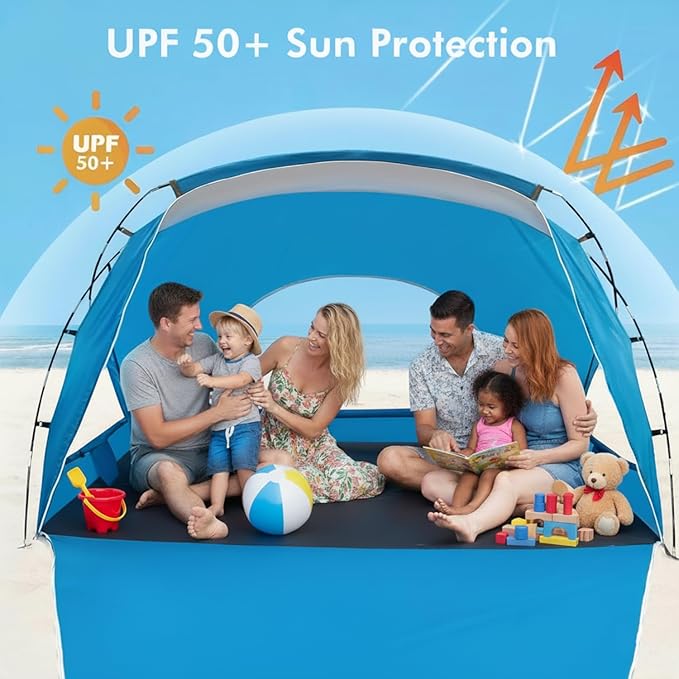 Beach Tent, Portable Sun Shelter for 2/3/4/6-8 Person with UPF 50+ UV Protection, Easy Setup Waterproof Beach Shade Canopy Cabana for Family Outdoor and Picnics, Fishing with Carrying Bag