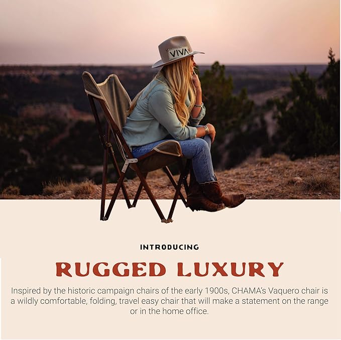 CHAMA Vaquero Chair & Travel Bag - Slate and Bone- Beautiful Outdoor Wood and Canvas Portable Folding Chair Ideal for Camping, Patios, Lawns, or Indoor Use - Supports 300 lbs