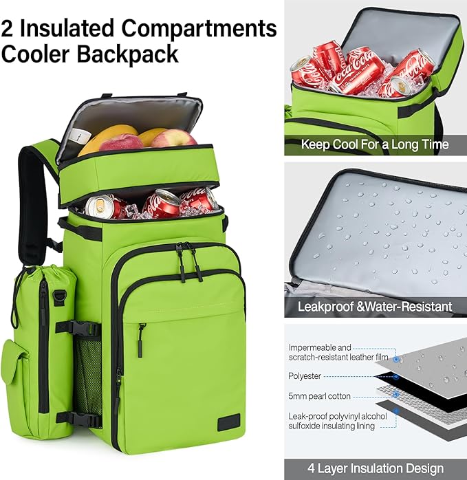 Hanke Backpack Cooler, 40 Cans Soft Leak Proof Picnic Backpack, Portable 2 Insulated Compartments Cooler Backpack Water Resistant for Lunch Beach Travel Camping Picnic Hiking,Green