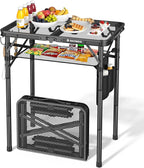 Folding Grill Table for Outside, 3 Height Adjustable Small Camping Table with Mesh Bag, Metal Aluminum Folding Table, 23.62 x 15.75 inches, Portable Grill Stand for Picnic, Camping, BBQ, Beach, Black