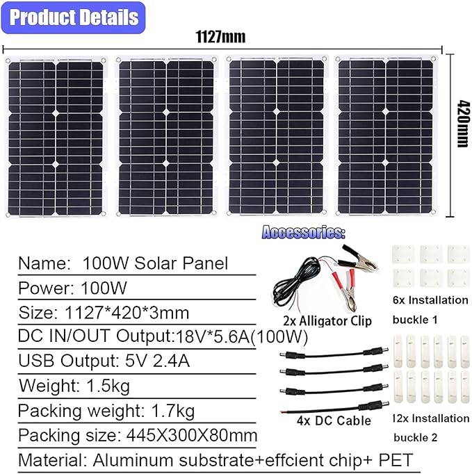 100W Solar Panel Kit with 4000W/6000W DC 12V to AC 220V/110V Inverter and 50A Controller, Complete Solar System for Home and Outdoor Power Generation(500W,12v-110v)