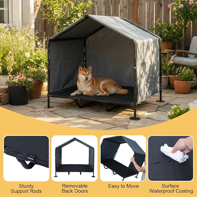 Outdoor Dog House for Large Dogs, Raised Dog Bed with Removable Waterproof Shade Cover, Portable Pet Shelter for Camping, Patio & Yard