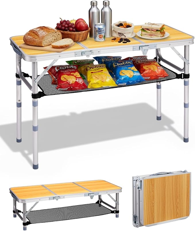 Outvita Folding Table, 3FT Aluminum Camping Table with Storage Adjustable Height Picnic Table Lightweight for Carring Outdoor Party Events Beach