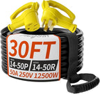 NEMA 14-50P/14-50R 30 FT 50 Amp RV/EV Extension Cord Outdoor with Grip Handle, 4 Prong Flexible Heavy Duty STW RV Power Cord Waterproof, 50A 125/250V 6250/12500W, Black-Yellow, ETL Listed