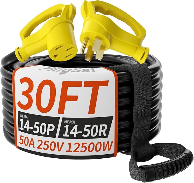 NEMA 14-50P/14-50R 30 FT 50 Amp RV/EV Extension Cord Outdoor with Grip Handle, 4 Prong Flexible Heavy Duty STW RV Power Cord Waterproof, 50A 125/250V 6250/12500W, Black-Yellow, ETL Listed
