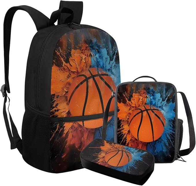Rnyleeg Basketball Backpack for Kids Age 6-8 Novelty Boys Backpack Set with Lunchbox Lightweight Bookbag Set 3 Piece for Elementary School Casual Packsack