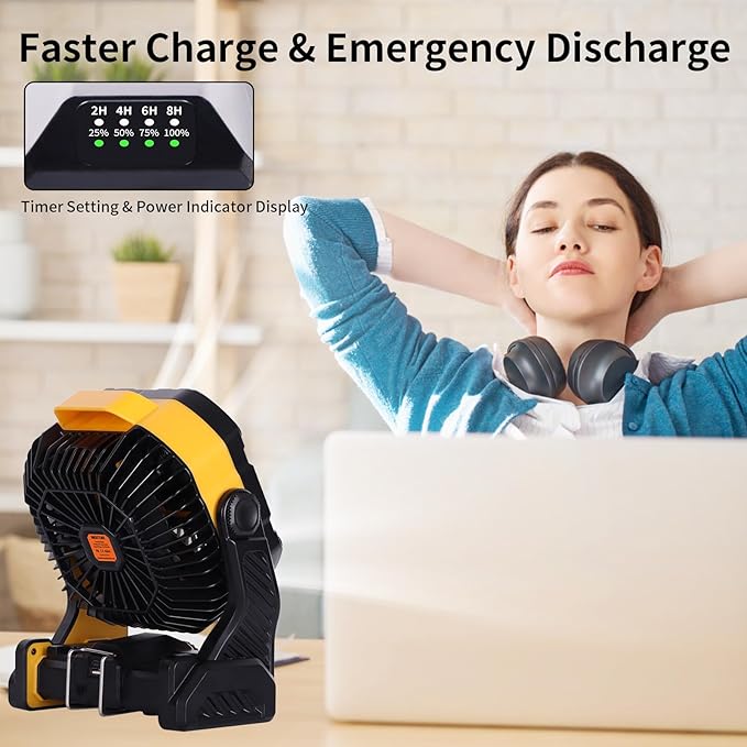 20000mAh Camping Fan with LED Lantern USB Tpye C Rechargeable Battery Operated Outdoor Tent Fan with Light & Hook, 270° Pivot 4 Speeds, Personal USB Desk Fan for Camping Yellow X26A