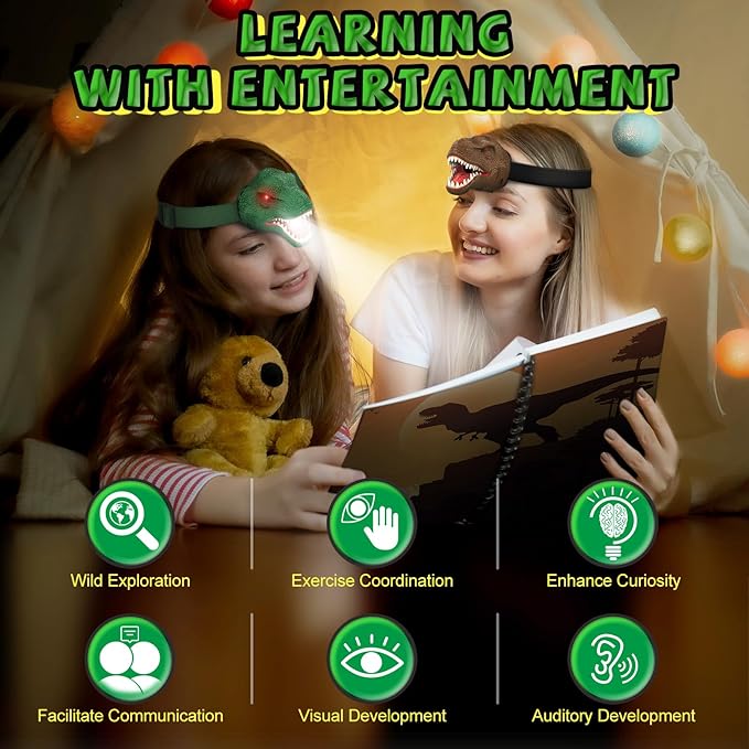 Dinosaur Headlamp Flashlight Outdoor Camping Gear LED Reading Head lamp, Hiking Headlight for Kids or Adults, Dinosaur Toys Ideal Gift for Birthday, Chirstmas, 3 AAA battery Included (Brown)