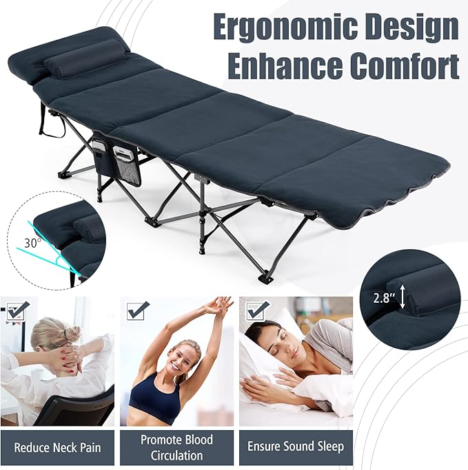 Goplus Camping Cot, Folding Camping Cot with Mattress, Pillow, Carry Bag, Storage Pocket, Camping Bed Military Cot for Home Office Nap Hiking, Heavy-Duty Portable Sleeping Cot for Adults Kids (Blue)