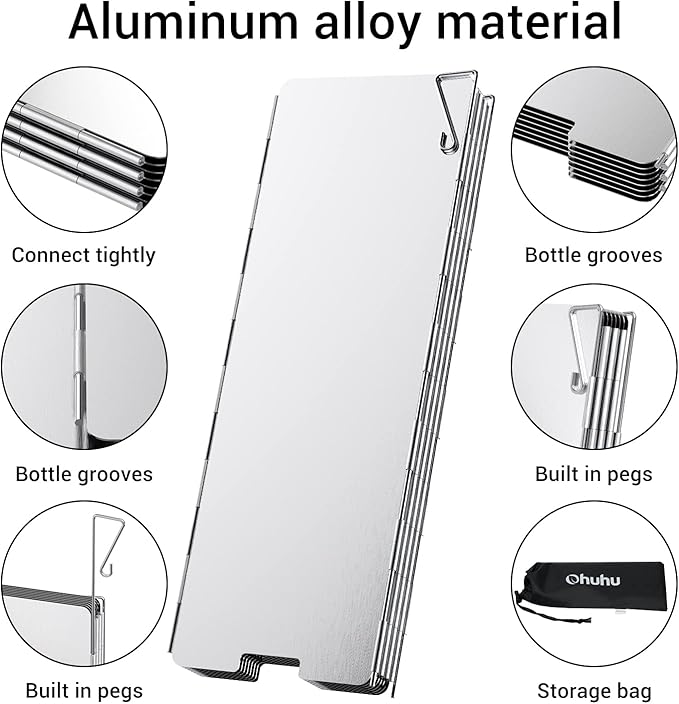 Camp Stove Windscreen, Ohuhu Camping Stove Windscreen 8/10/12 Plates Aluminum Folding Portable Camping Stove Windshield Grill Wind Screen for Camp with Carry Bag for Camping Hiking Picnic Backpacking