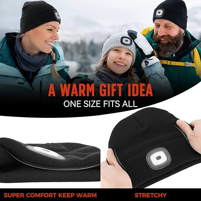 Unisex Beanie Hat with Light, Rechargeable Headlamps Cap, Gifts for Men, Hiking, Camping headlamps, Cool Gadget Birthday Gifts for Men, Women, Dad, Father, Boyfriend, Black