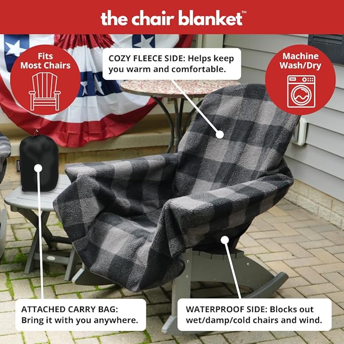 CITYBONFIRES The Chair Blanket – Reversible, Waterproof & Polar-Lined - Stretchable Elastic Back - Original Patio Chair Cover – Ideal for Homes and Outdoor Furniture- with Carry Pouch – Gray Plaid
