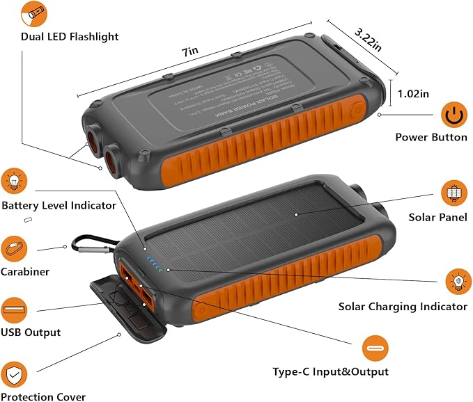 Solar Charger Power Bank 16000mAh Portable Solar Phone Charger with 2 USB-A and Type-C Interface, 15W Fast Charging for iPhone, Samsung etc. Portable Battery Charger with Dual Flashlight for Camping